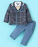 ToffyHouse 100% Cotton Woven Full Sleeves Check Shirt & Trouser Set with Coat - Blue