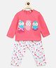 Nauti Nati Full Sleeves Owl Patch Embroidered Glitter Embellished Tee With Coordinating  Trousers - Pink