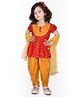 Saka Designs By Sapna Half Sleeves Floral Motif Foil Printed & Lace Embellished    Top  Dhoti And Dupatta Set  - Red & Mustard Yellow