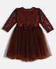 Bella Moda Full Sleeves Bow Detailed Floral Lace Bodice Layered Fit & Flare Party Dress - Brown