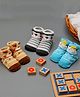 Yellow Bee Pack Of 3 Puppy & Cow Face Detailed Striped Anti Skid Socks - Grey Brown & Blue