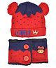 Yellow Bee Lovely Embroidered  With   Pom Pom Detailed Hat & Muffler Scarf  - Red & Navy Blue