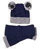 Yellow Bee Pom Pom Detailed Cap With Muffler Scarf - Navy Blue