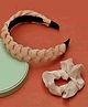 Yellow Bee Set Of 2  Braided Hairband & Glossy Silk Scrunchie - Peach & White