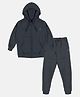 Kiddopanti Full Sleeves Brand Name Placement Printed Hooded Sweatshirt & Fleece Track Pant Set  - Navy Blue
