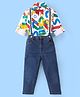 Ollington St. Cotton Full Sleeves Casual Partywear Set Of Shirt & Streachable Denim Jeans With Suspenders & Bow - White & Indigo