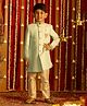 Vastramay Full Sleeves Placement Floral Embroidered Sherwani & Pyjama Set - Aqua Blue & Cream