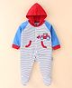 Child World Cotton Interlock Knit Full Sleeves Hooded Sleepsuit Stripes & Construction Vehicle Embroidery - Blue White & Red
