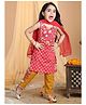 Kinder Kids Sleeveless Ethnic Lotus Flower Printed & Lace Embellished Coordinating Kurta & Pant Set - Red & Yellow