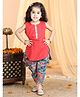 Kinder Kids Sleeveless Leheriya Placket Design Floral Sequin Embellished Striped Self Design Kantha Kurta & Floral Printed Dhoti - Blue & Red