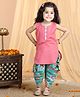 Kinder Kids Sleeveless Leheriya Placket Design Floral Sequin Embellished Striped Self Design Kantha Kurta & Floral Printed Dhoti - Green & Peach
