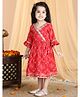 Kinder Kids Three Fourth Bell Sleeves Bandhej Designed & Sequin Lace Embellished Angrakha Style Fit & Flare Dress - Red
