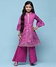 BIBA  Three Fourth Bell Sleeves Floral Foil Printed & Gota Lace Embellished Kurta With Palazzo  - Pink & Purple