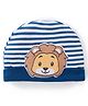 Babyhug 100% Cotton Knit Striped Cap with Lion Applique - Navy Blue