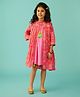Somersault Three Fourth Sleeves Striped Pattern Designed Dress With Floral Printed Shrug - Pink
