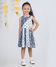 Budding Bees Sleeveless Flower Motif Printed & Gota Lace Embellished Fit & Flare Back Tie Up Dress - Blue