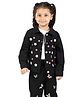 Budding Bees Full Sleeves Felt Flowers Embellished Denim Jacket - Black
