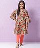 Biba Three Fourth Bell Sleeves Seamless Vintage Style Flowers & Foil Printed Kurta With Leggings - Green & Multi Color