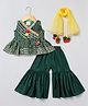 BYB Premium Sleeveless Bandhej Designed Peplum Style Silk Top With Sharara & Dupatta - Dark Green & Yellow
