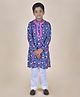 Jilmil Full Sleeves Seamless Lotus & Fishes Printed & Panel Embroidered Kurta With Pyjama - Blue