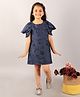 KIDSDEW Half Puff Sleeves Floral Woven Design  Jacquard A Line Dress - Navy Blue