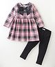 CrayonFlakes Polar Fleece Full Sleeves Checkered & Bow Detailed Fit & Flare Dress With Leggings - Pink