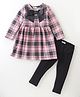 CrayonFlakes Polar Fleece Full Sleeves Checkered & Bow Detailed Fit & Flare Dress With Leggings - Pink