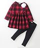 Crayonflakes Polar Fleece Full Sleeves Checkered & Flower Detailed Fit & Flare Dress With Leggings - Red