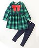 CrayonFlakes Polar Fleece Full Sleeves Checkered & Bow Detailed Fit & Flare Dress With Leggings - Green
