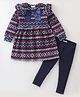 CrayonFlakes Polar Fleece Full Sleeves Jacquard Bands Designed Bow Detailed Dress With Leggings - Blue