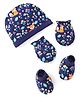Babyhug 100% Cotton Knitted Cap Mittens & Booties with Floral and Animal Print- Blue