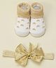 Yellow Bee Stars Printed Socks With Bow Applique Detailed Headband -  White And Golden