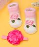 Yellow Bee Rose  Printed Socks With Flower Applique Detailed Headband -  White And Pink