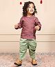 Polka Tots Full Sleeves Dinosaur Embroidered  Angrakha Style  Kurta With Dhoti - Pink