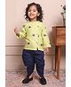 Polka Tots Full Sleeves Elephant Printed Angrakha Style Kurta  With Solid Dhoti - Green