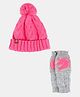 Self Design & Pom Pom Detailed Cap With Thermal Gloves - Pink & Grey- Circumeference - 36 Cms