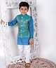 Superminis  Pure Cotton Full Sleeves Solid Kurta Pyjama With Dupion Silk Floral Block Motif Designed Jacket -  Blue