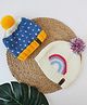 Woonie Pack Of 2   Heart & Rainbow Embroidered With Pom Pom Detailed  Hand Knitted Baby Caps - Blue