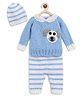 MayRa Knits Full Sleeves Dog Face Detailed Striped Designed Woollen Hand Knitted Clothing Set With Cap And Pajama - Blue