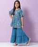 BIBA Half Frill Sleeves Floral Foil Printed & Lace Embellished Flared Kurta Set - Blue