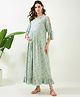 The Kaftan Company Three Fourth Sleeves Seamless Butterfly Printed Maternity Dress With Concealed Zipper Nursing Access - Green