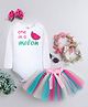 TINY MINY MEE Full Sleeves Typography Printed Onesie With Skirt And Bow Embellished Headband - White