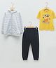 LC Waikiki Full Sleeves Striped Jacket With Printed Tee & Pant Set - Grey & Yellow