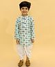 MoMaa Pure Cotton  Full Sleeves Elephant Printed Dhoti Kurta Set - Green & White
