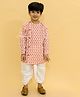 MoMaa Pure Cotton  Full Sleeves Camel Printed Angrakha Style Kurta With Coordinating Dhoti   - Red