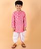 MoMaa Pure Cotton  Full Sleeves Jaipuri Ethnic Motif Printed Kurta With Coordinating Dhoti Set - Pink