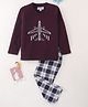 Nite Flite Full Sleeves Airplane Printed Tee With Plaid Window Pane Checked Pajama - Wine Purple