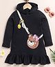 Little Marine Full Sleeves Teddy Printed With Frill Hem Detailed Hooded Dress - Black