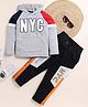 Little Marine Raglan Full Sleeves NYC Printed Colour Blocked Sweatshirt & Pant Set - Grey