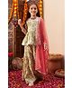 Cherry & Jerry Sleeveless Floral Printed & Gota Lace Embellished Kurta With Coordinating  Sharara & Dupatta Set  - Green